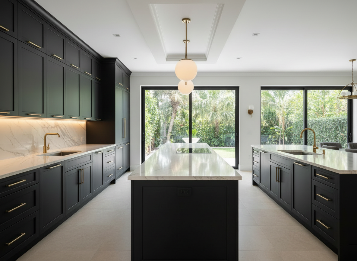 Edit this existing realistic luxury Miami kitchen photo by changing only the cabinet finish/color to a coordinated sophisticated charcoal black matte resurfacing finish. Keep the exact same kitchen layout, cabinets, countertop, appliances, lighting, perspective, and realistic photographic appearance. Do not replace or redesign the kitchen; only resurface the cabinet color so it matches the before-and-after image style.