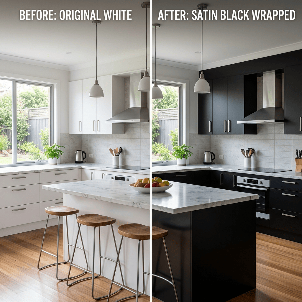 Before-and-after comparison of white and satin-black kitchen cabinets