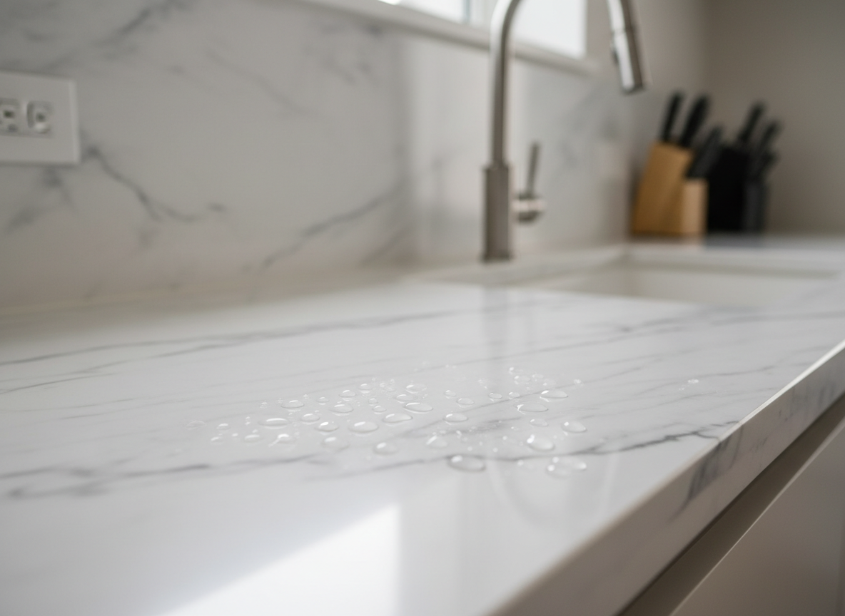 Water beading on a protected white marble countertop