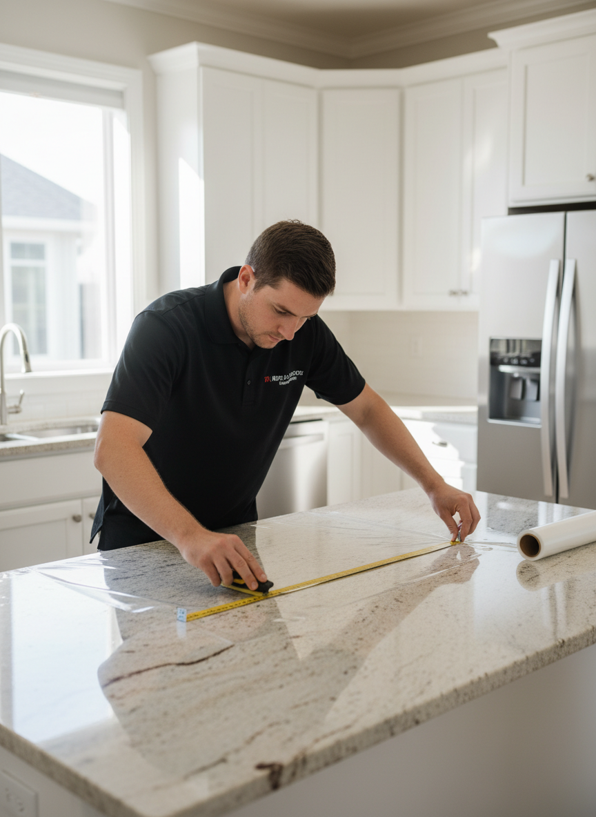 Technician fitting clear protection film on a stone countertop