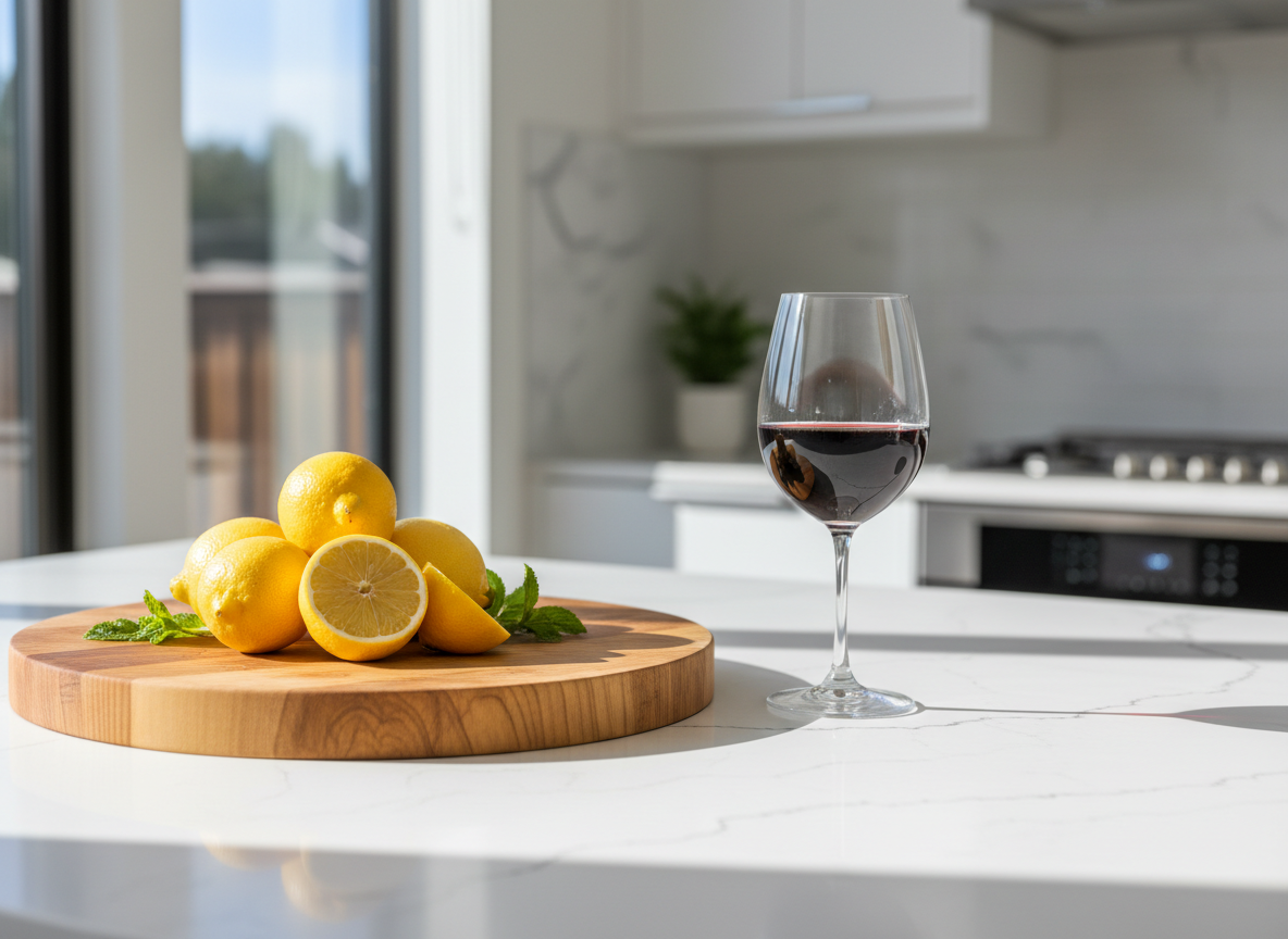 White quartz kitchen countertop with everyday kitchen items