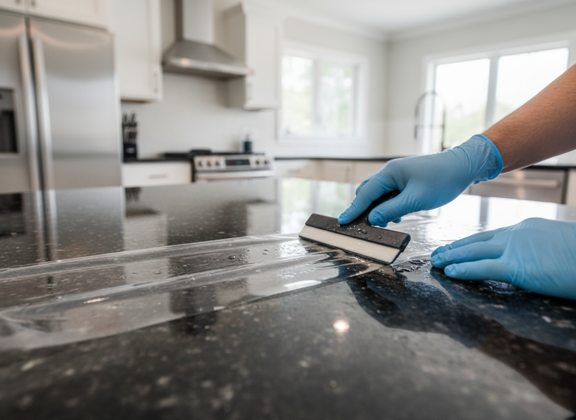 Installer applying clear protection film to a granite countertop