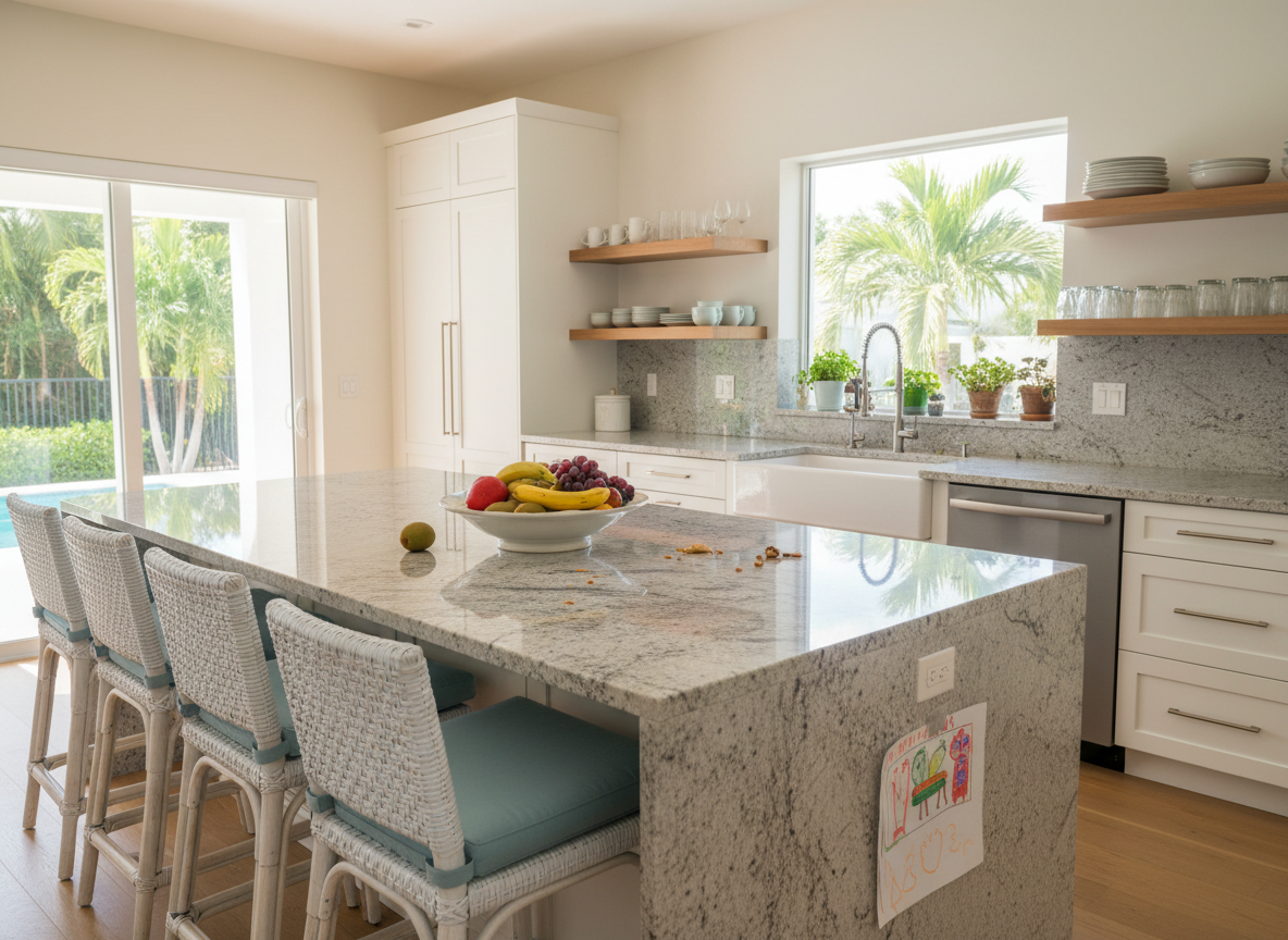 Open family kitchen with a light granite island in a Miami home