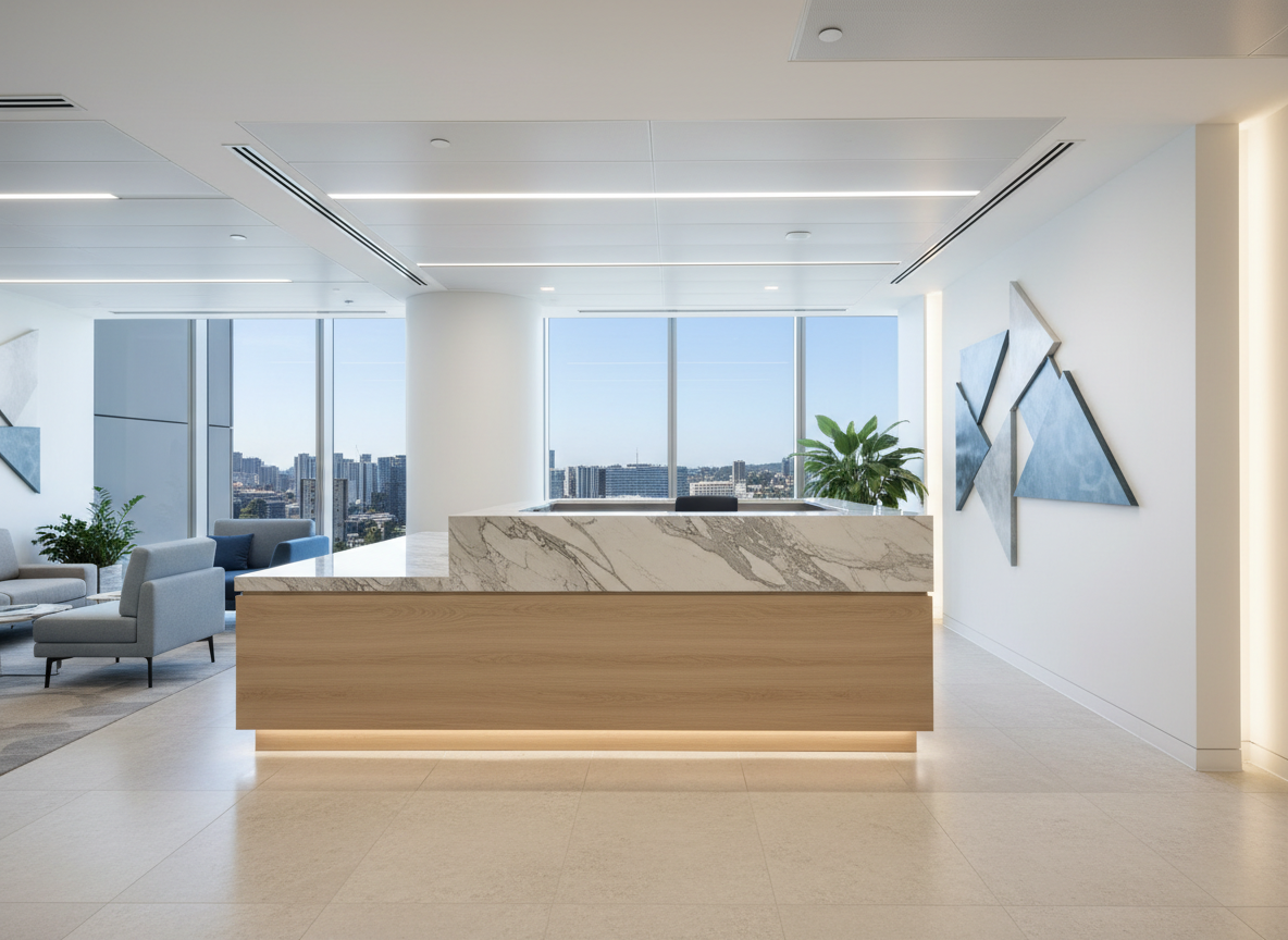 Office reception desk wrapped in light oak architectural film