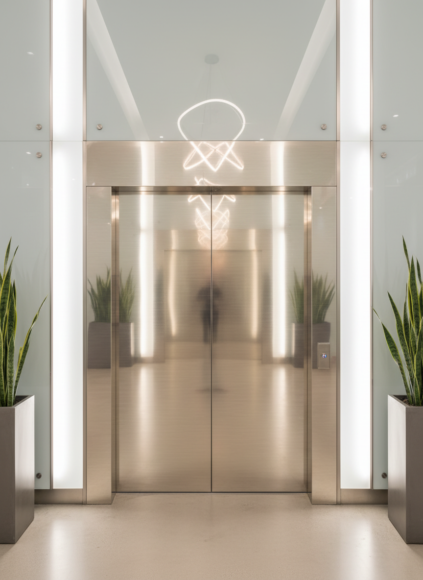 Elevator doors finished in brushed bronze architectural film