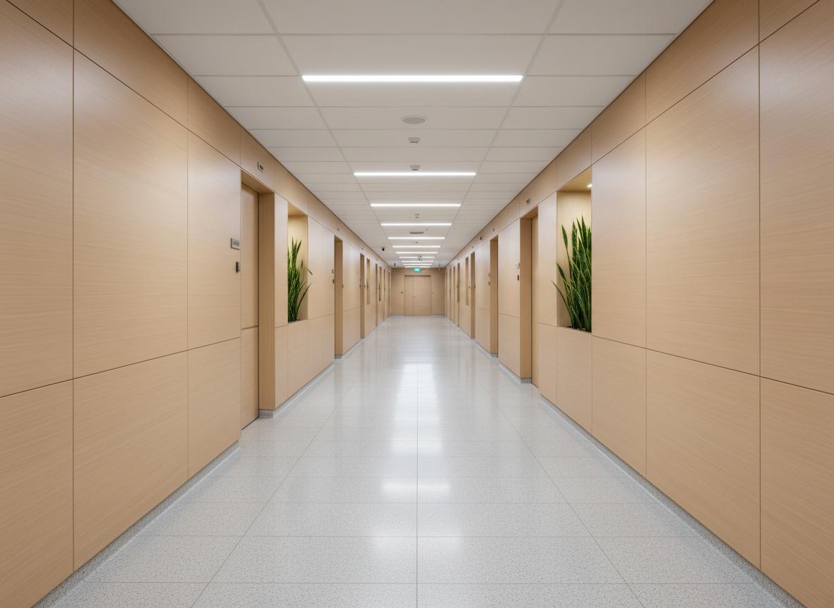 Healthcare corridor with doors and walls refreshed in architectural film