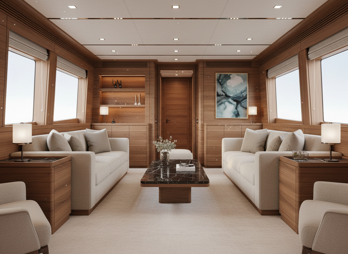 Yacht interior salon with walnut-look film on cabinetry and panels