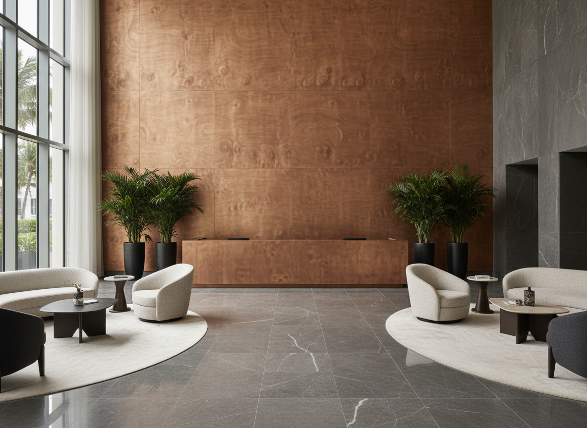 Upscale hotel lobby with wood-grain architectural film on the feature wall and reception desk